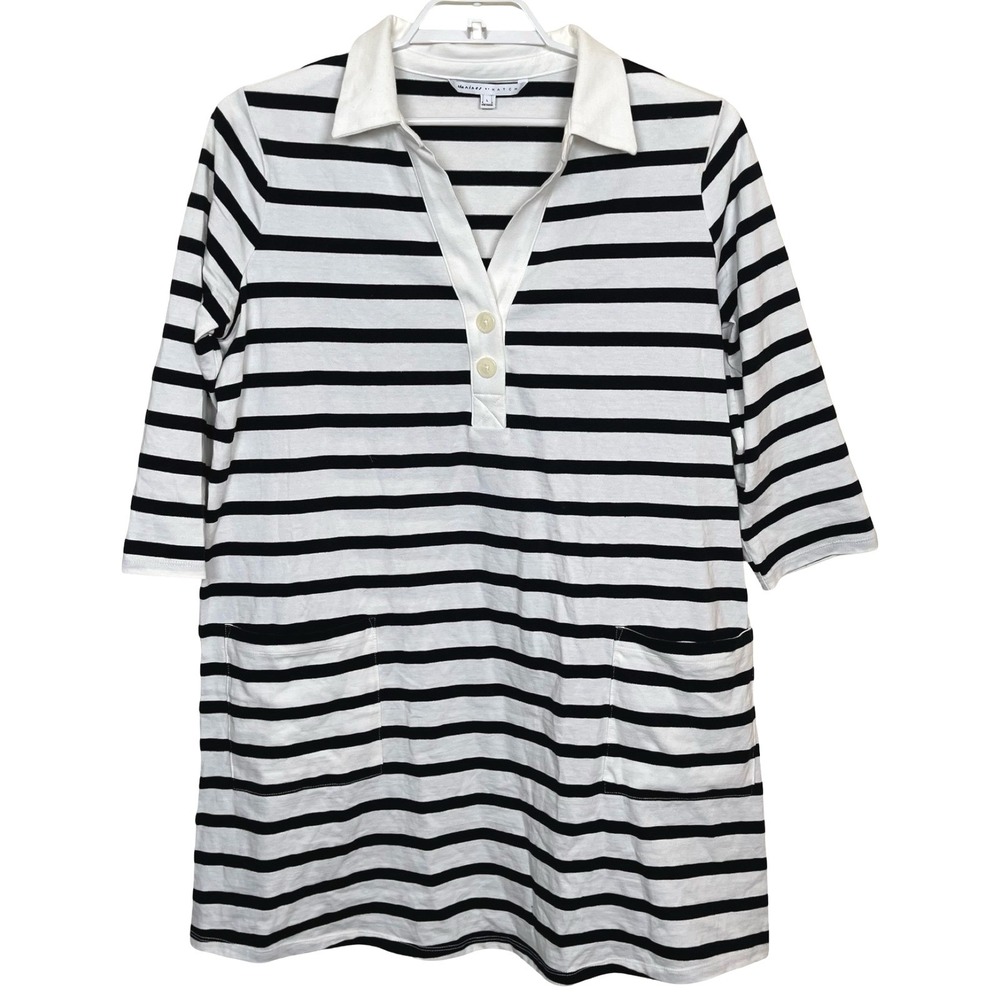 The Nines by Hatch Striped Maternity Polo Shirt Dress Women L Black White Pocket